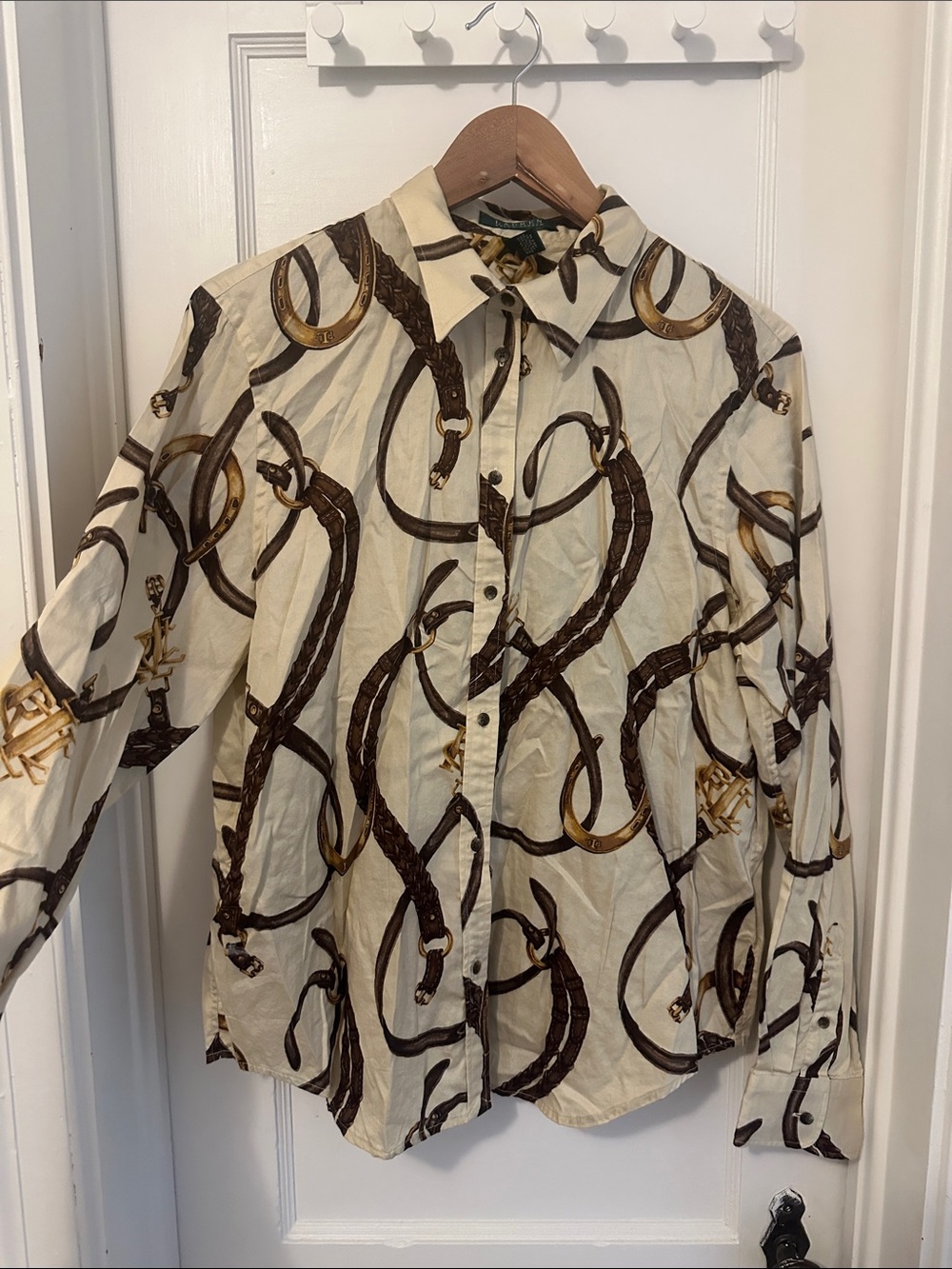 Ralph Lauren Cream Button-Down with Brown & Gold Equestrian Print